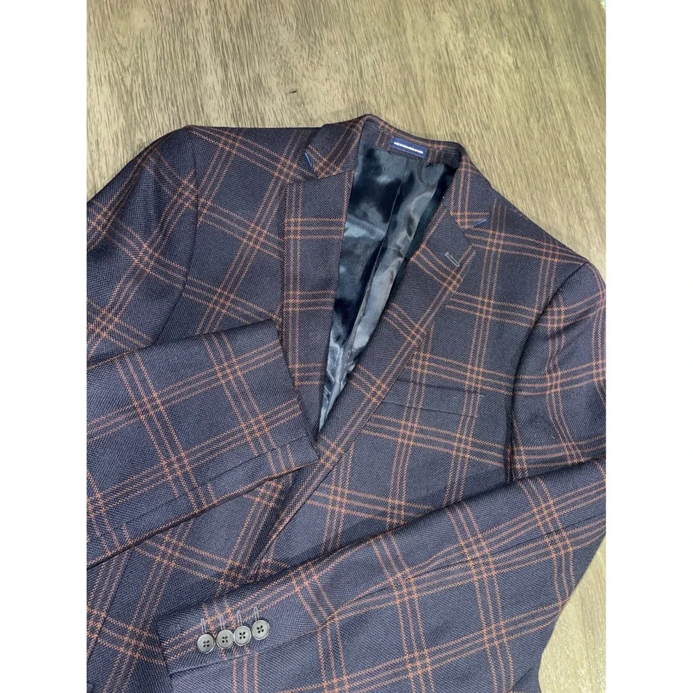 Stafford Navy Blue Plaid Sport Coat Slim Fit 100% Wool Blazer 44L